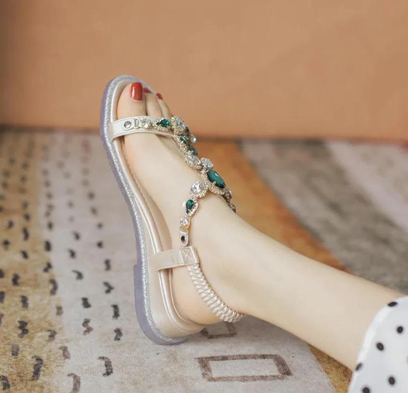 Fashion Flat Summer 2024 Women's Shoes Rhinestones Beach Footwear Sandals for Woman with Medium Heels Open Toe Wedges Heel Daily Korea F