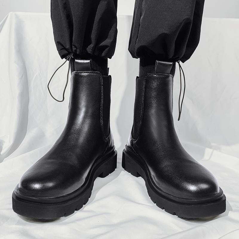 Fashion Chelsea Boots Men's Casual Leather Biker Boot High Top Slip-on Popular Trendy All-match Street Fashion Waterproof Anti-wear Shoe