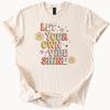 Let Your Own Vibe Shine T Shirt Positive Retro Graphic Tee Cute Smiley Face Sunflower Daisy Flower Groovy Inspirational Shirt