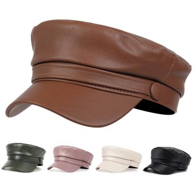 Women Extended Brim Beret Hat Flat Dome Faux Leather Newsboy Hat Outdoor Solid Color Leisure Hat Streetwear