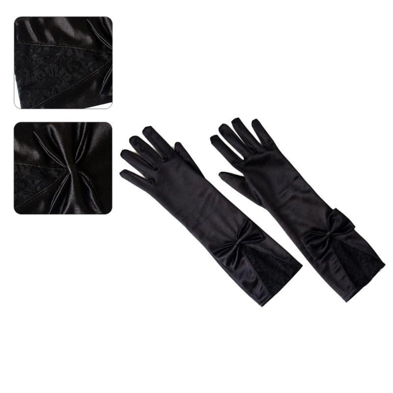 Damen Mädchen Lange Satin Schwarze Handschuhe Elegant Schleife Einfarbig Spitze Besatz Vollfinger Fäustlinge für Hochzeit Oper Party