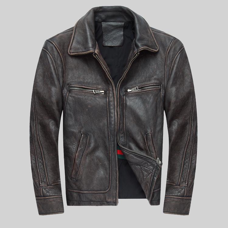 Men's Distressed Cowhide Leather Motorcycle Jacket - European & American Style