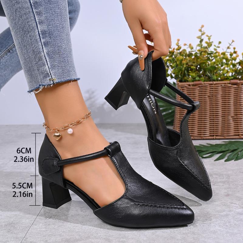 Women's High Heels Shoes Narrow Band T-strap Thick Med Heel Elegant Ladies Daily Slim Dress Pointed Toed Women Single Shoes