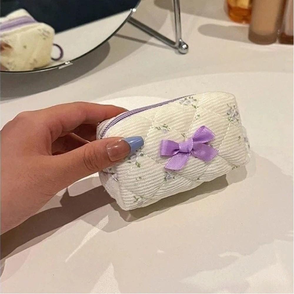 Fashion Bow Pibbon Small Cosmetic Bag Print Flower Zipper Floral Makeup Bag Wallet Pouch Women