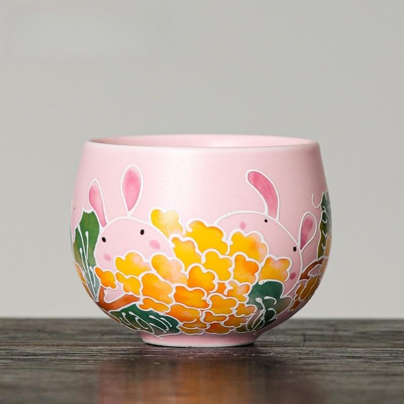 2pcs 80ml Pink Ru Yao Cute Rabbit Chinese Tea Cup Ru Kiln Ceramic Opening Beautiful Teacup Flowers Teaware Tea Tasting Cup