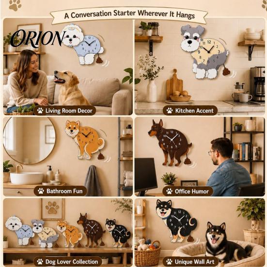 Wooden Clock with Swinging Pendulum Pooping Dog Wall Clock, Pendulum, Silent Non Ticking Hanging for Living Room Home Office, Gift Lover