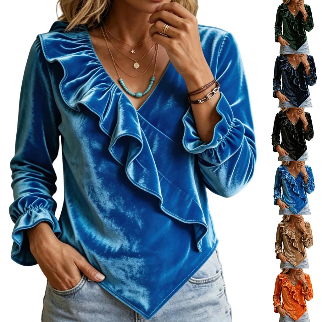 Women's Casual Fashion Velvet V-Neck Ruffle Blouse Top for Everyday and Wear