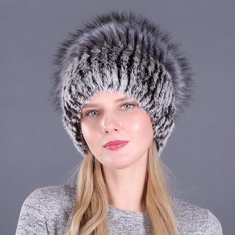 Autumn and Winter Women's Rabbit Fur Cap Casual Warm Ear Protection Knitted Caps