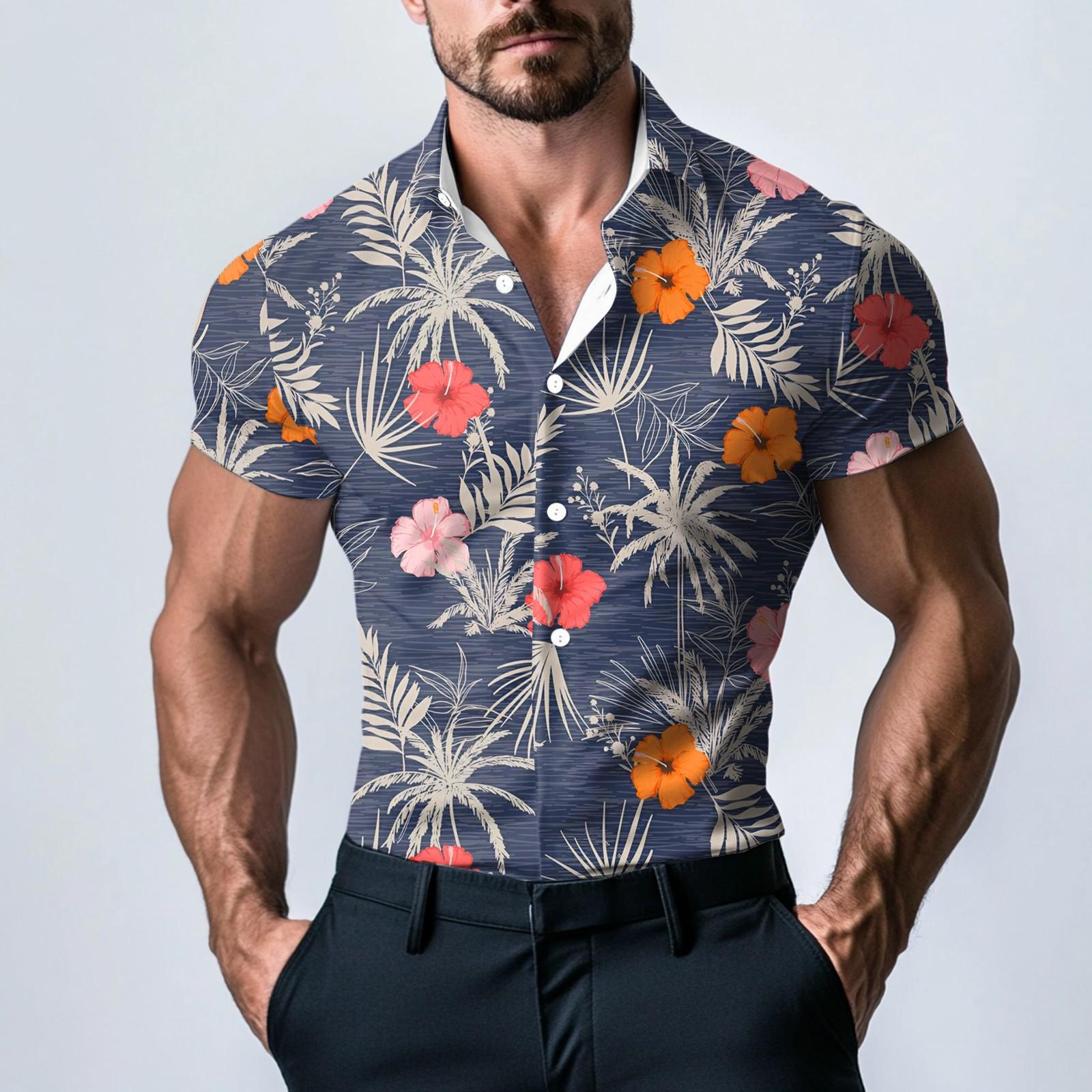 

Мужская модная атласная рубашка с коротким рукавом с принтом XXXL тёмно-синий