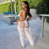 2 Pcs/Set Women Crop Top Pants Set Tassel Hollow Out Lace-up Halter Neck Beach Vacation Bra High Waist Ripped Knitted Hollow Out Trousers