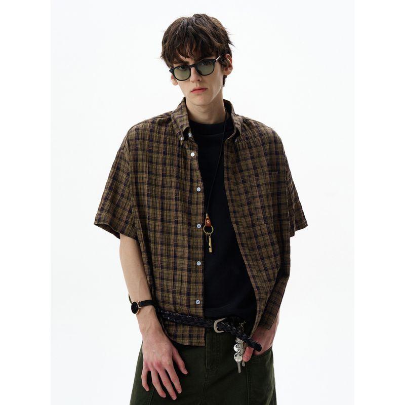 Madwitch American vintage Pleat Seersucker Short sleeve Shirts Men's and Women's Loose Casual Plaid Texture Top