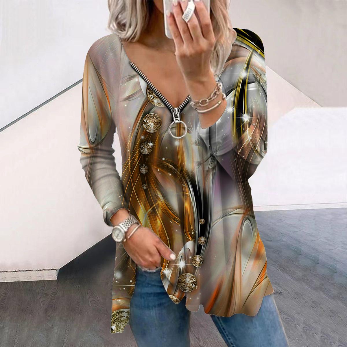 

Женские осенние сверкающие и блестящие футболки с длинным рукавом с принтом, свободные футболки с V-образным вырезом больших размеров, удобные блузки 8XL оранжевый