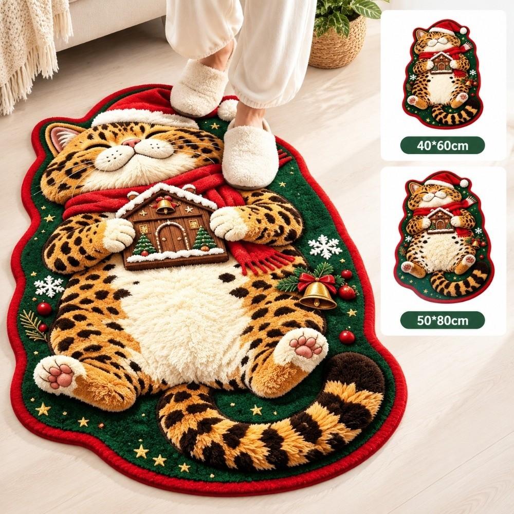 Christmas Theme Pattern Sleeping Cat Floor Mat Plush Cartoon Doormat Carpet for Living Room