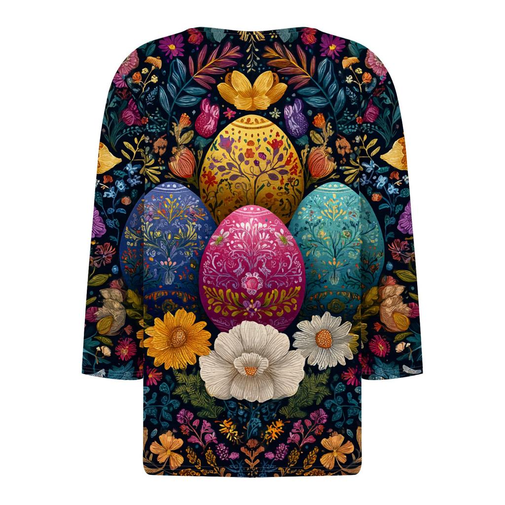 Women's Fashion Casual Easter Printed V-neck Short Sleeve Decorative Button Seven Sleeve T-shirt Top