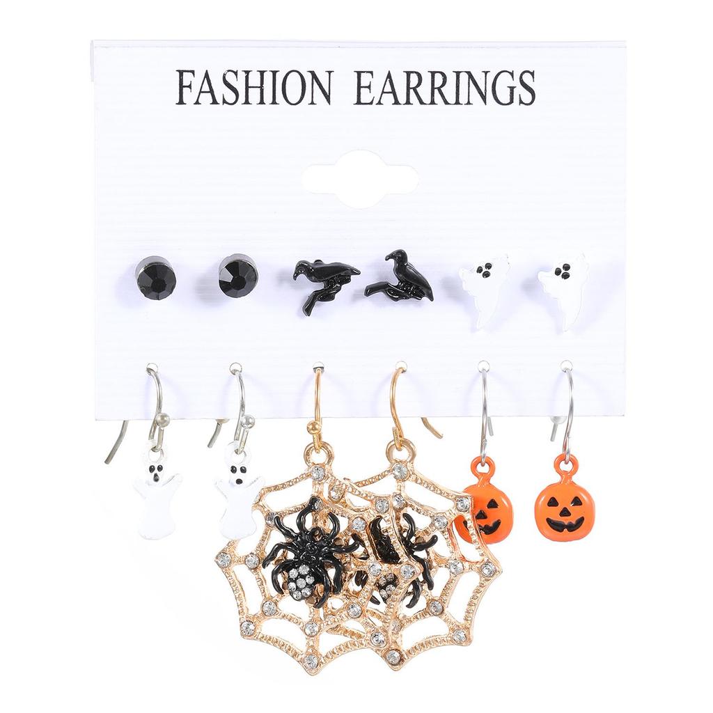 Cross-Border Halloween Earrings Set: Ghost, Pumpkin, Witch, Skeleton, Spider, Black Cat, Bat, Spider Web Ear Studs