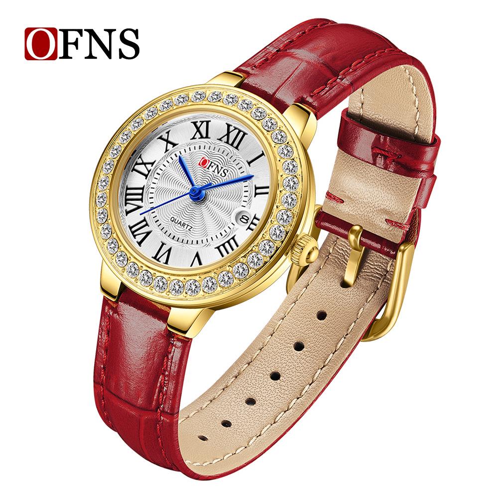 OFNS Women s Luxury Watch: Round Diamond-Inlaid, Versatile Ins Style, Calendar, 30M Waterproof