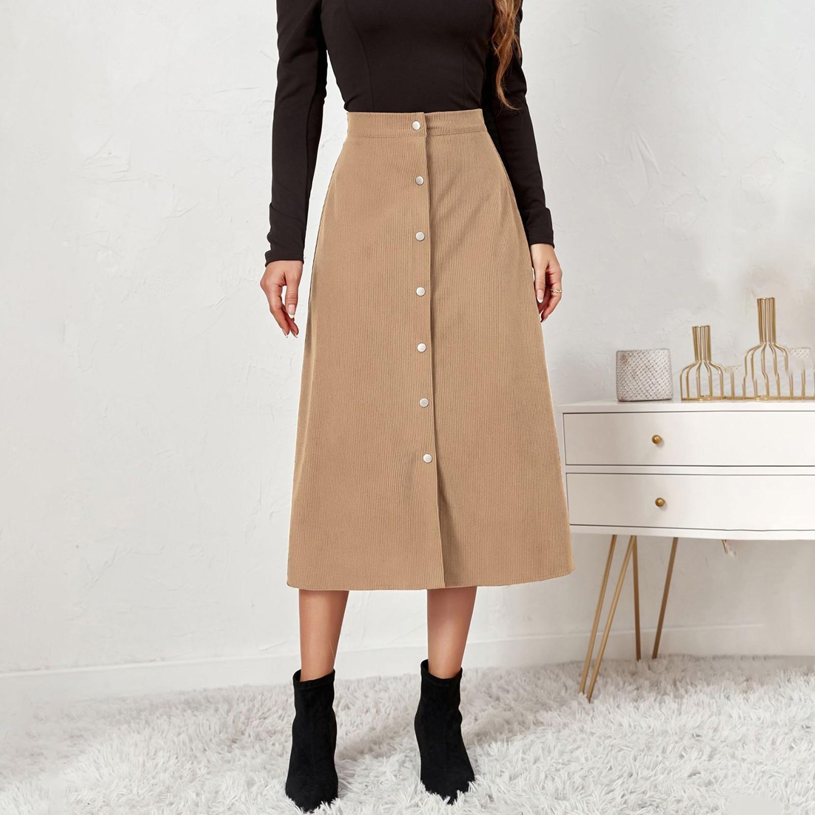 

Женская вельветовая юбка, однобортная длинная юбка с высокой талией L бежевый