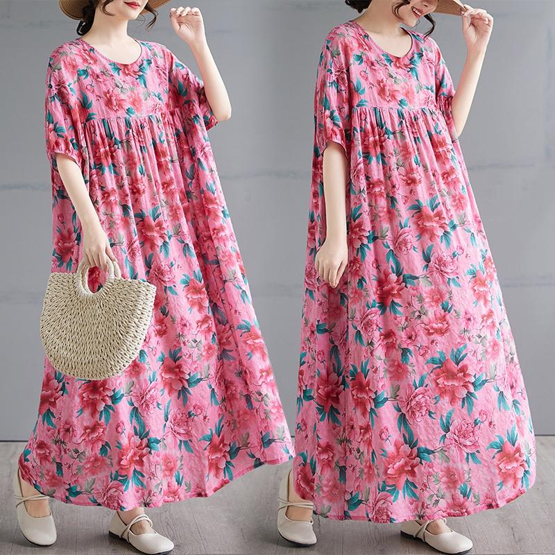 DIMANAF 2025 Sommer Damen Vintage Übergröße Langes Kleid mit floralem Druck Kurzarm Lässig O-Ausschnitt Basic Mode Lockeres Kleid