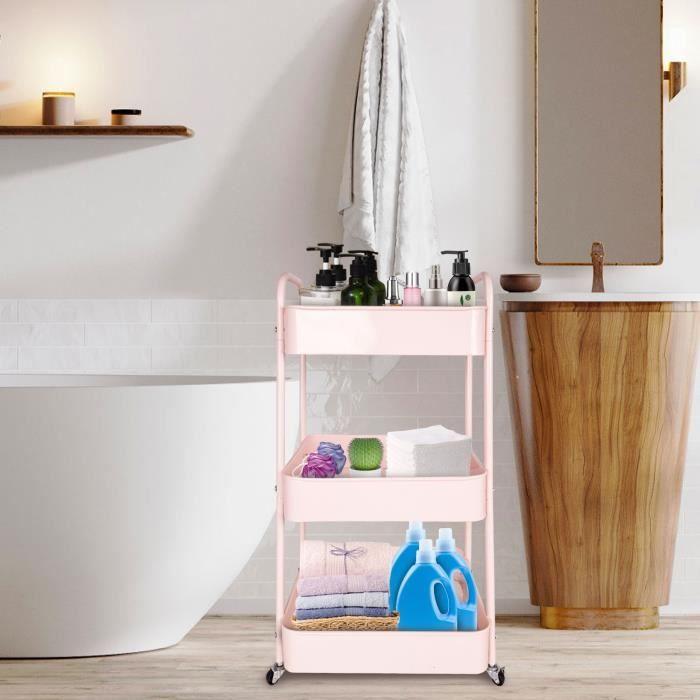 Chariot de rangement 3 niveaux rose, à roulettes et poignées, 41 × 30,5 × 76 cm — Cuisine / Buanderie