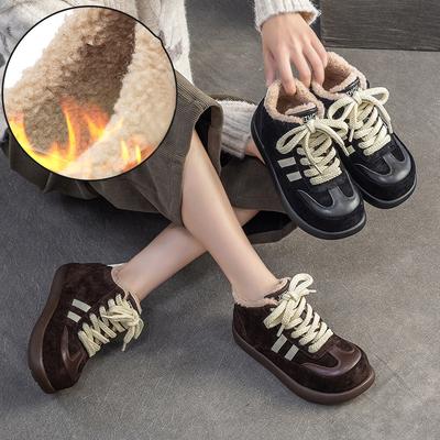 Schnürung Plüsch Warme Baumwollschuhe Echtes Leder Retro Flacher Boden Vielseitige Damenschuhe