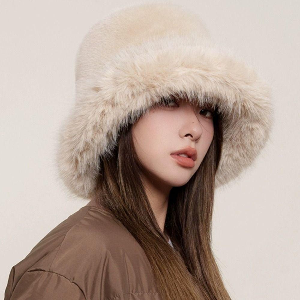 Imitation Fur Plush Bucket Hat Warm Winter Cap Retro Artificial Fur Hat  Winter/Autumn