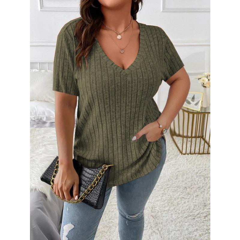 QICED Camicette e camicie da donna con scollo a V, maniche corte, stampa tinta unita casual alla moda