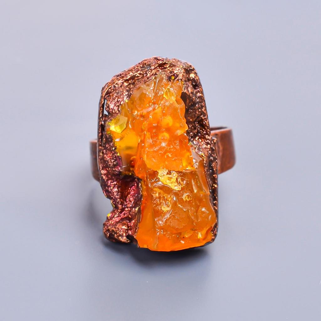 Hessonite Garnet Rough Stone Mother Gift Eternity Sisters Day Trendy Ring Copper V-11