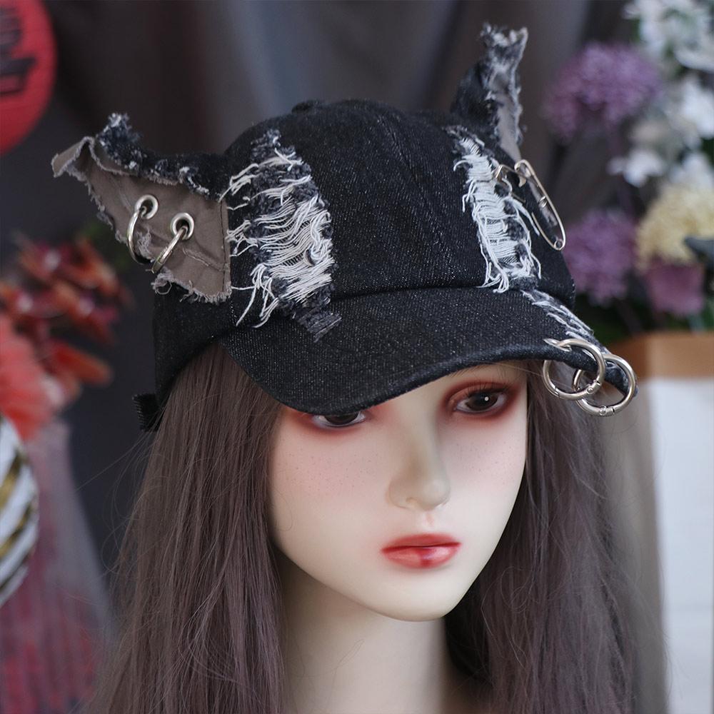 Rabbit Ripped Denim Baseball Cap Puppy Bunny Ears Snapback Cap Chains Doberman Ears Hat Girl