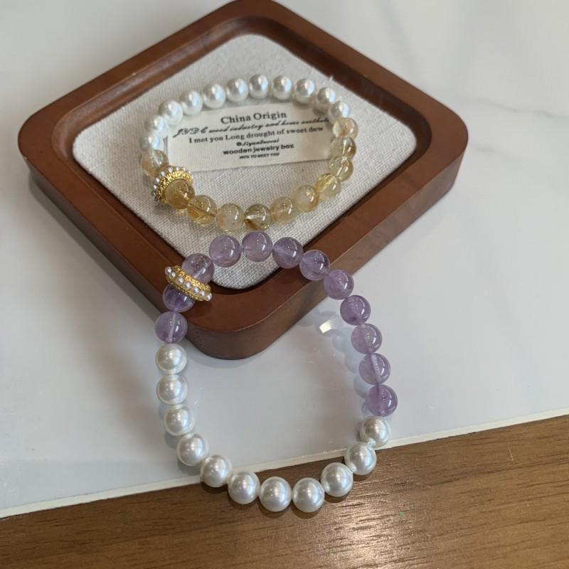 Natural Crystal Bracelet With Amethyst Citrine Beads Minimalist Double-Color Design Handmade Adjustable Ring Slider