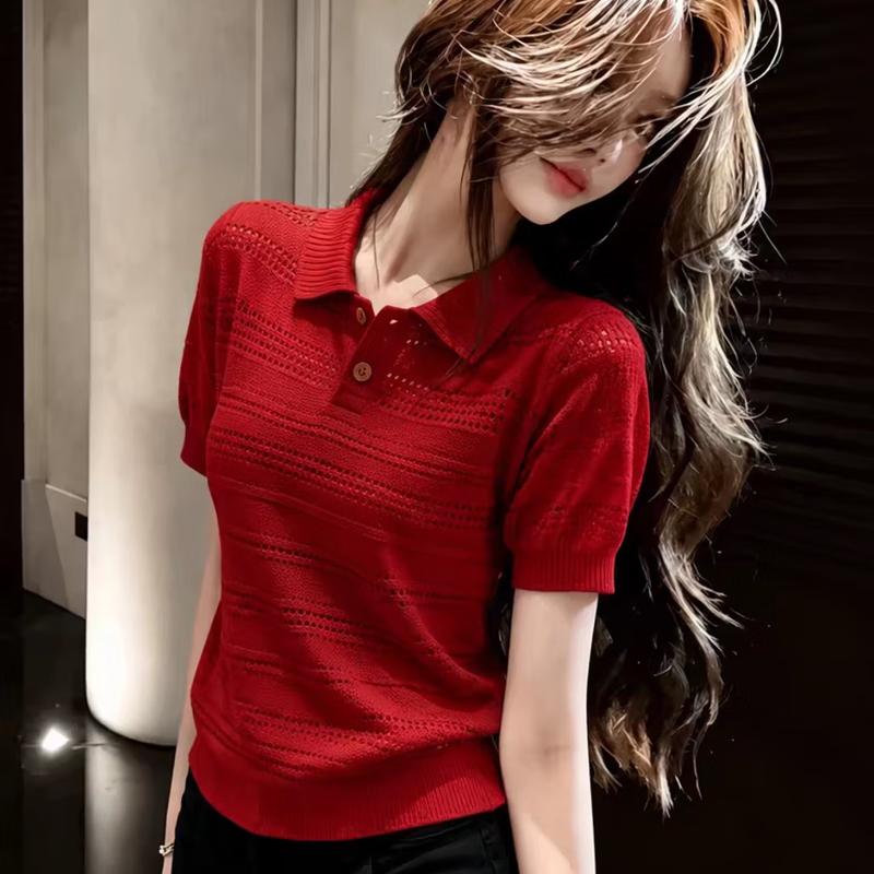 Women's Ice Silk Hollow Knit Short Sleeve Top