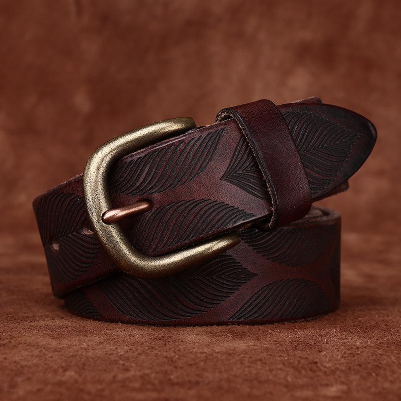 3.8Cm Wide Washed Retro Personalized Embossed Vegetable Tanned Belt Men'S Genuine Leather First Layer Cowhide Pin Buckle Belt Men'S Trendy