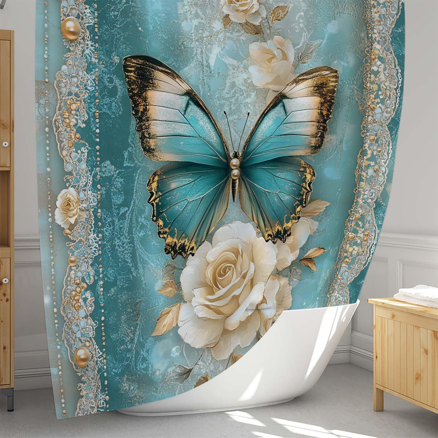 

Vintage Butterfly & Floral Shower Curtain - Elegant Teal, Golden Accents, Polyester, Machine Washable, Artistic Bath Decor W60H190(CM)-1 Pcs