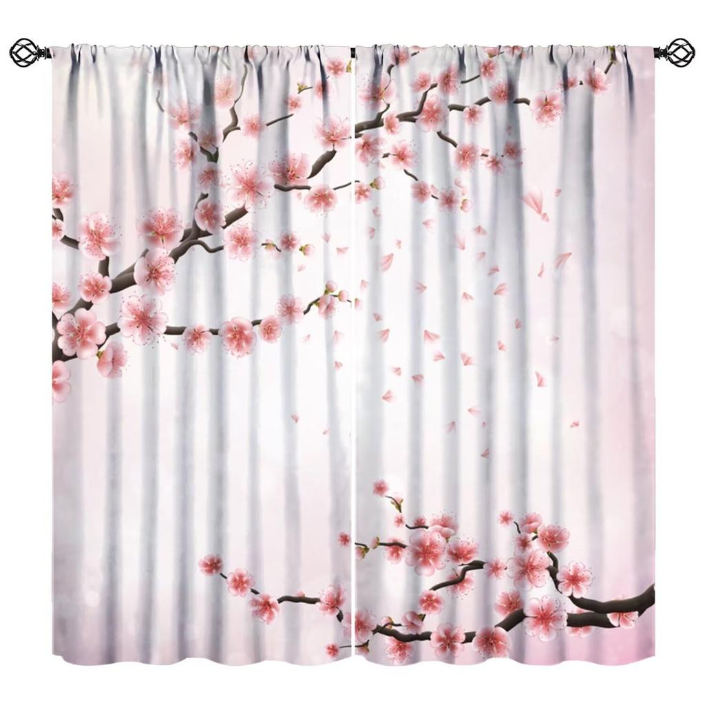 Floral Curtain Spring Romantic Pink Cherry Blossom Print Curtains Girls Women Bedroom Living Room Kitchen Decor With Light Blocking Polyester Perfect