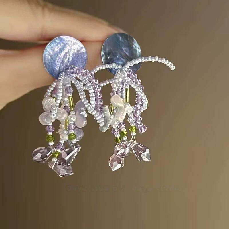 Rice Beads Beaded Flower Round Earrings Women's Fresh and Fashionable Stud Earrings High-end Commuting Versatile Earrings