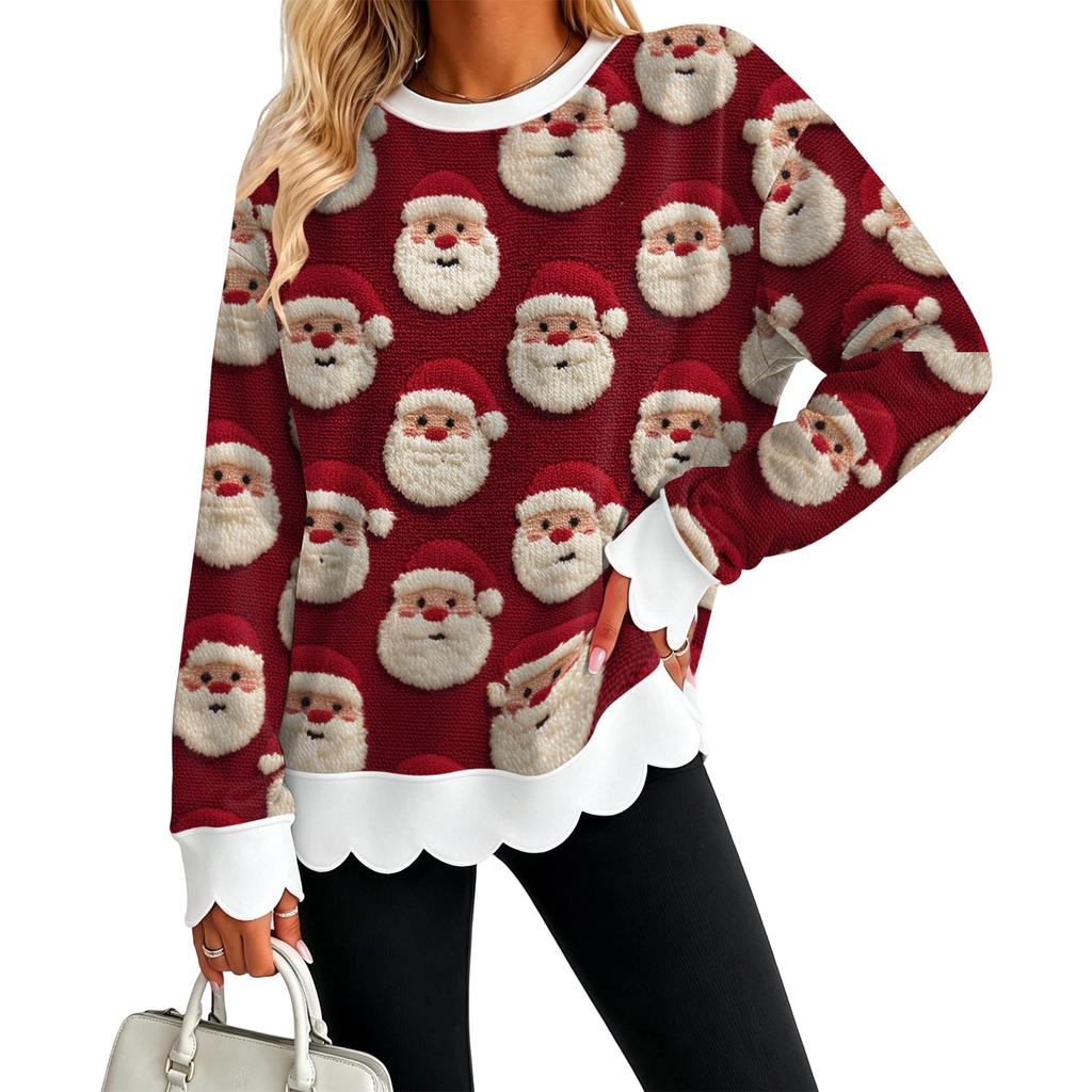 Women's Christmas Print Crewneck Sweatshirt with Scalloped Wavy Hem Casual Holiday Top