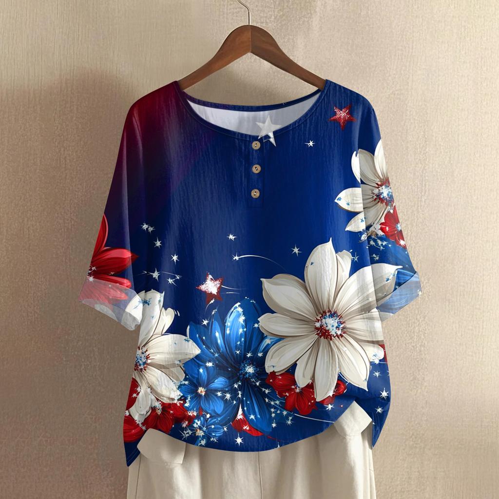 Women's Fashionable And Casual Shirt Half-sleeve Round Neck Print Cotton And Linen Blouse Top