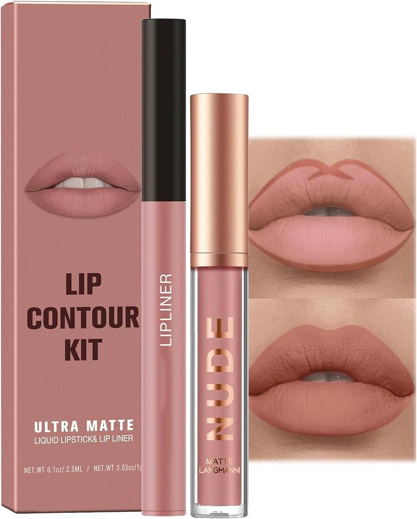 Nude Lipstick and Lip Liner Set - Long-Lasting Waterproof Lip Stain - Highly Pigmented Makeup Kit for Daily and Holiday Gifts - Non-Sticky Formula