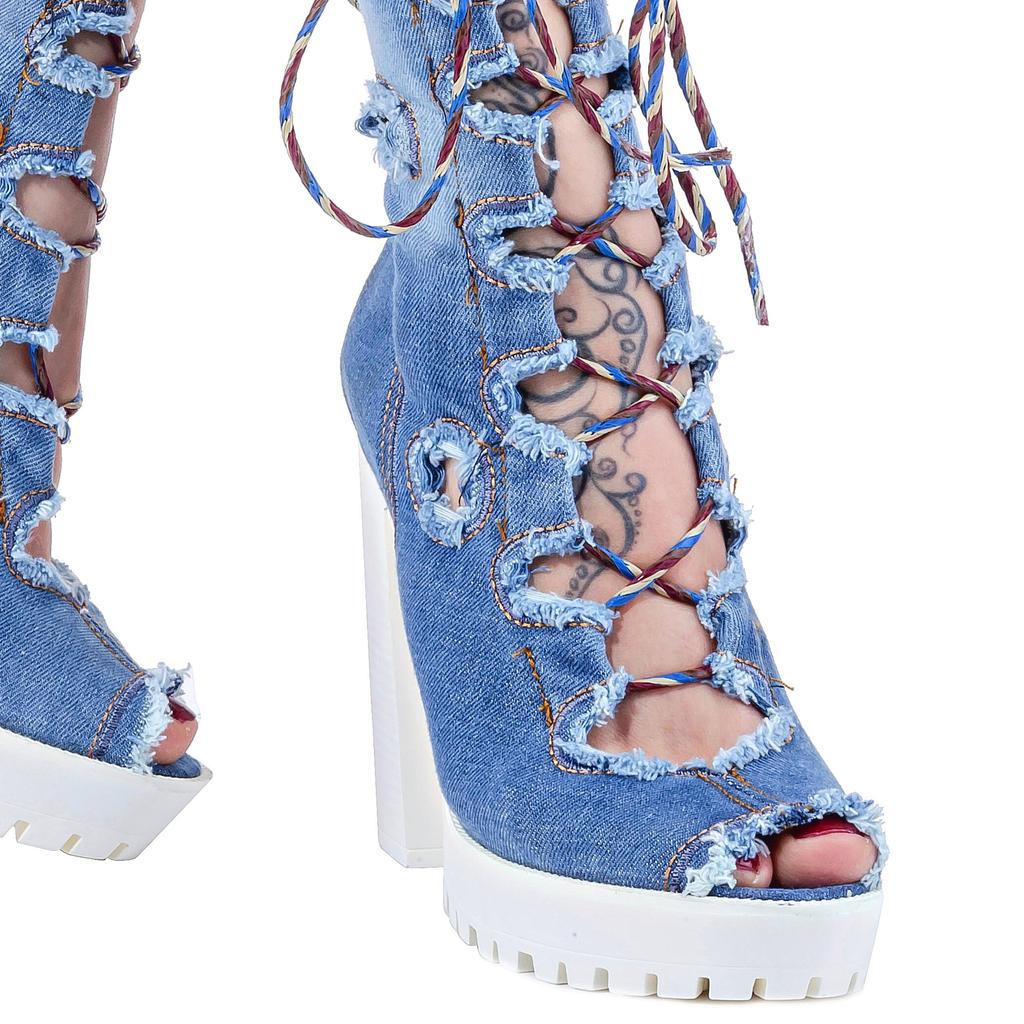 Denim Sandal Boots Handcrafted sexy Design Blue Torn Pattern Embroidered Denim Women's Sandal Geburtstagsgeschenk