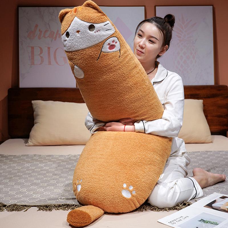 Big Size Cartoon Cat Plush Throw Pillow Soft Fluffy Rod-shaped Kitten Hugging Pillow Lovely Home Decor Children Companion
