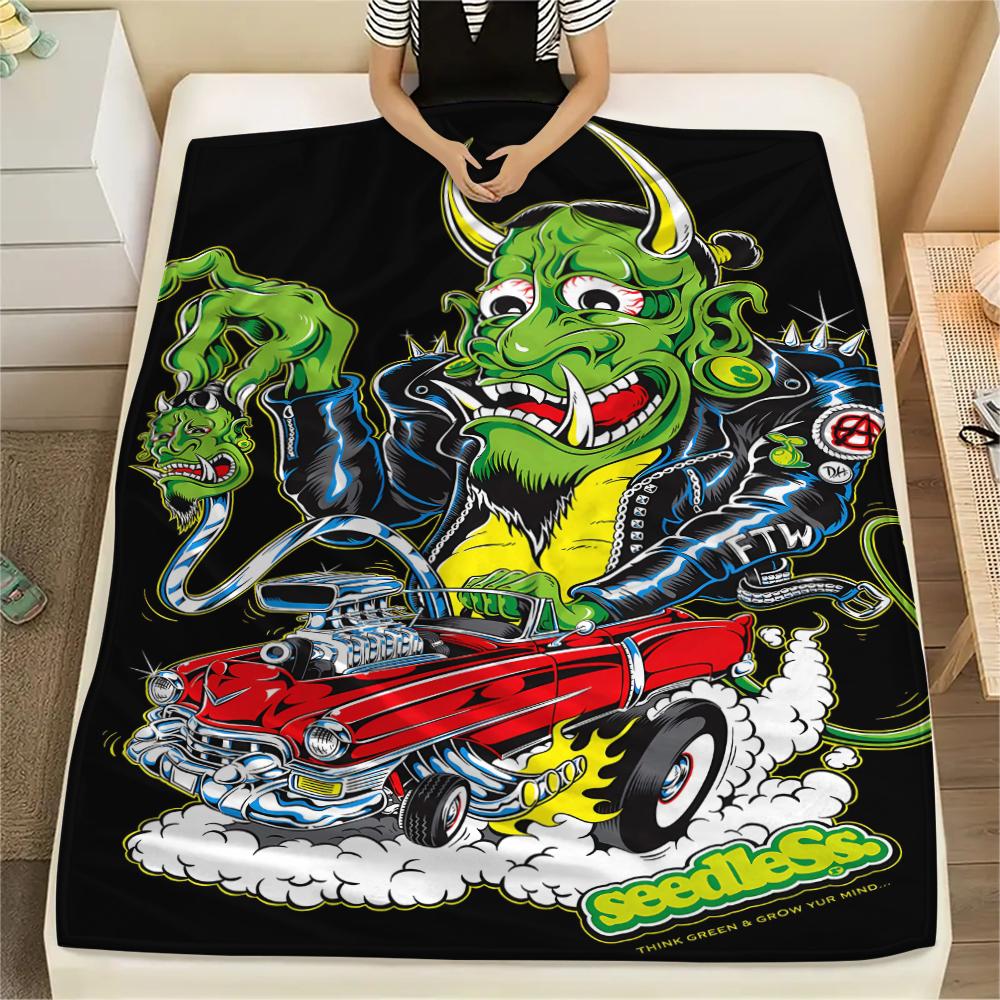 1Pc Rat Fink Print Flannel Blanket, High Quality Comfortable for All Seasons, Home Decor, Warmth and Comfort, Perfect for Christmas Gifts