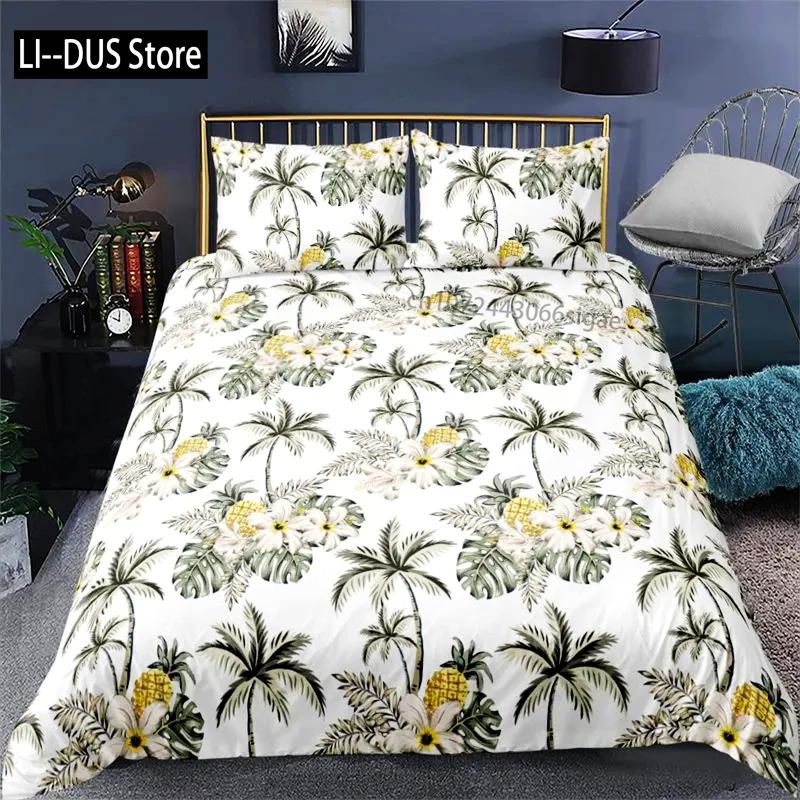 Vibrant Botanical Floral Duvet Cover Twin Size Lotus Flower Leaves Bedding Set Soft Tropical Tree Quilt Cover with Pillowcases