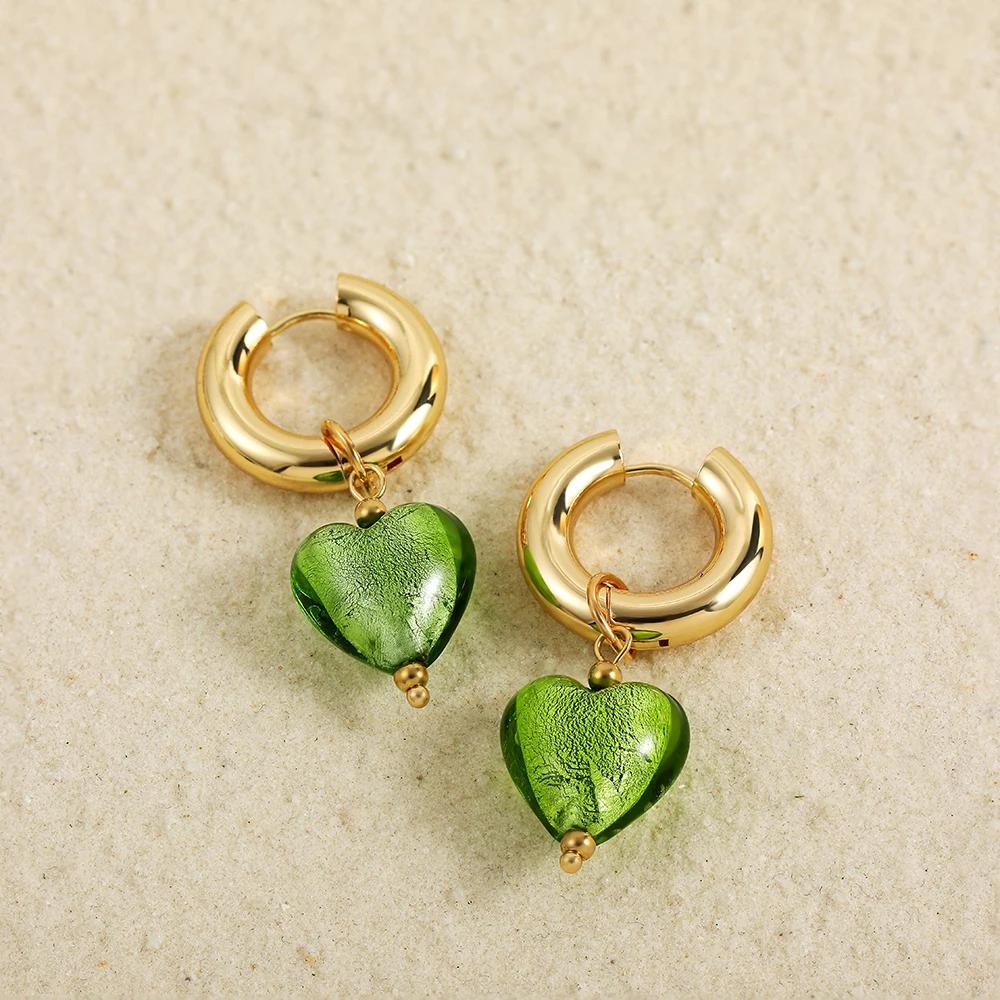 Colorful Glass Heart-shaped Pedant Drop Earrings For Women Stainless Steel Round Circle Hoop Hanging Earring Minimalist Jewelry