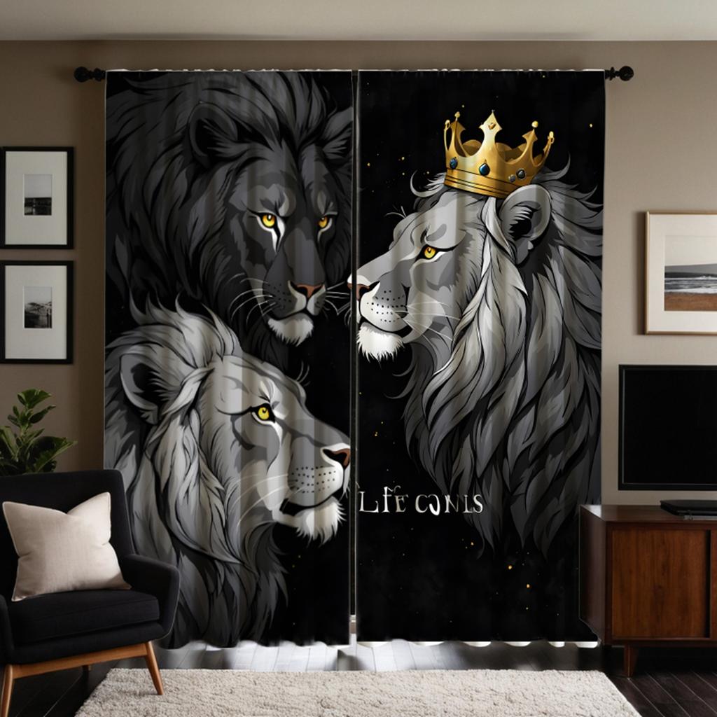 2pcs HD Three Lion decorative curtain Black tie digital printed curtain Home Decoration style Decoration living room bedroom