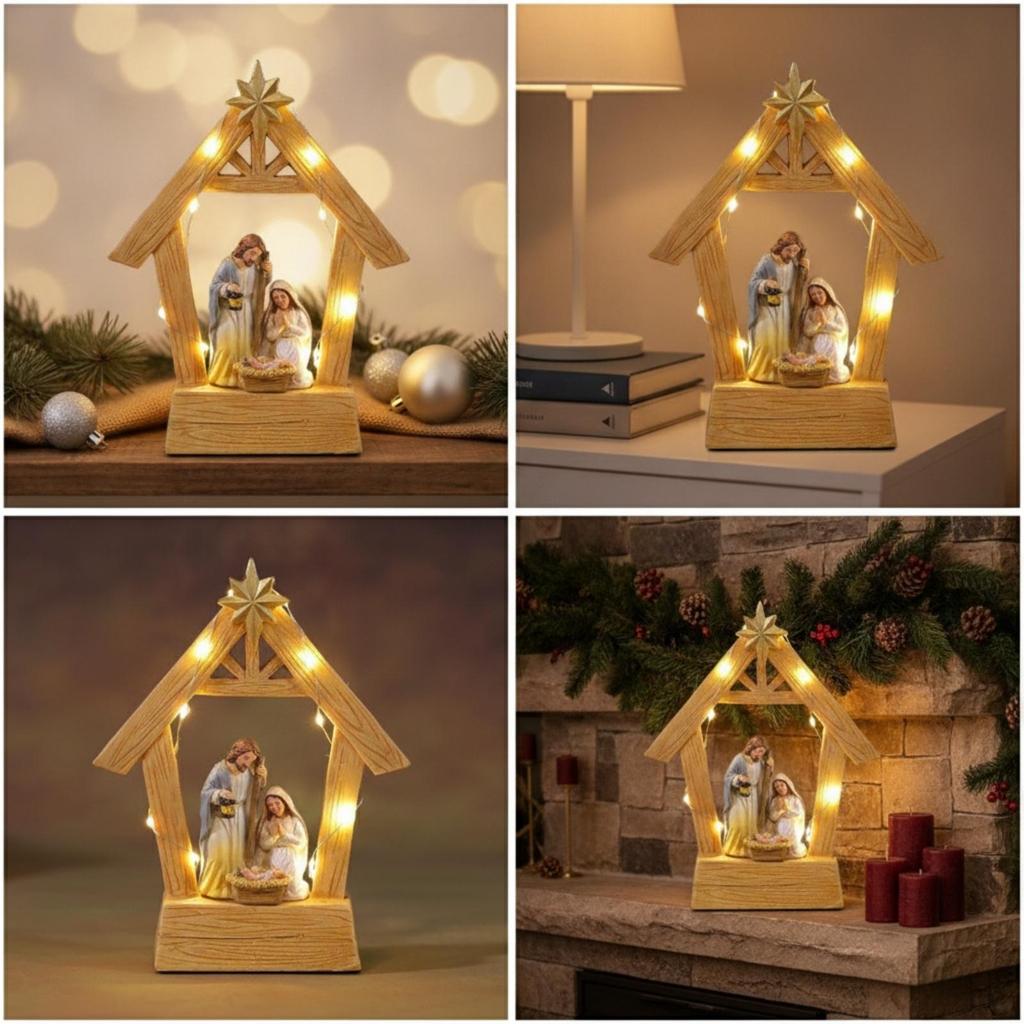 Lighted Nativity Scene with Manger Resin Stable LED Lights Indoor