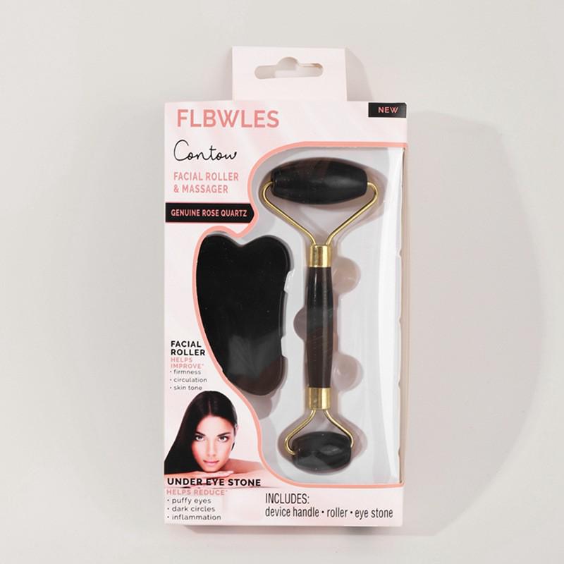 Пластиковый роликовый массажер для лица с двойной головкой и скребок Гуа Ша в коробке 19x11x2.6 cm