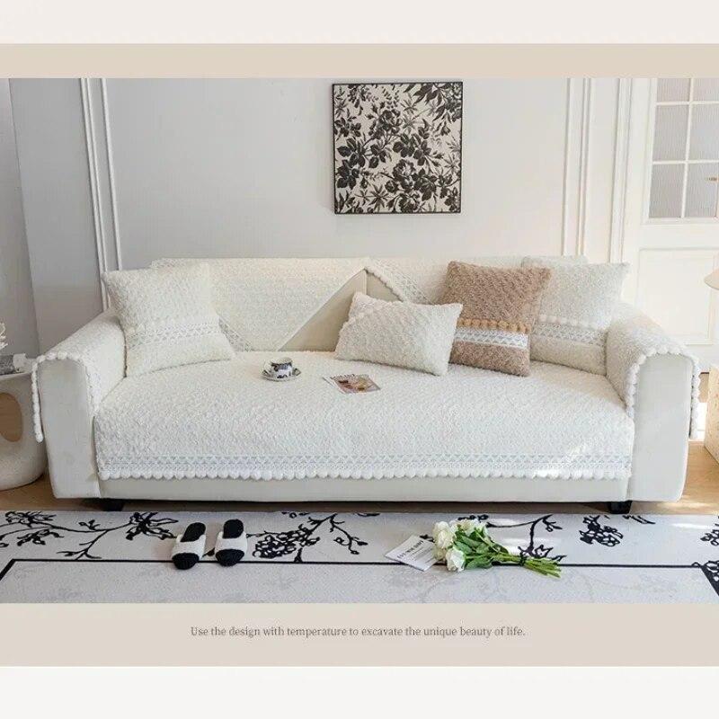 Cream Style Plush Sofa Mat Four Seasons Universal Anti Slip Seat Cushion Fur Ball Edge Autumn  Winter Leather Sofa Cover