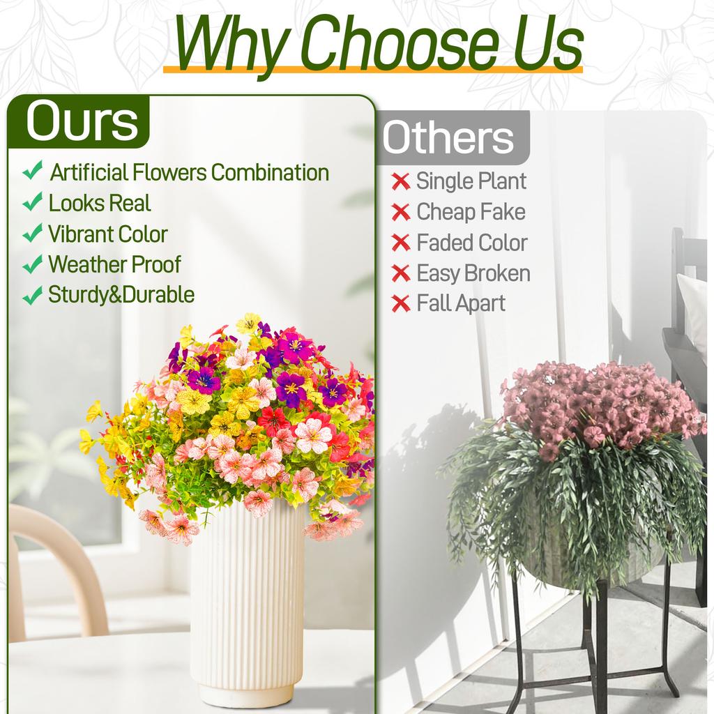 24 Bundles Artificial Flowers - Colorful Mix Daisy For Outdoor Decoration, Porch, Patio, Home, Window Box, Yard, Garden Planter