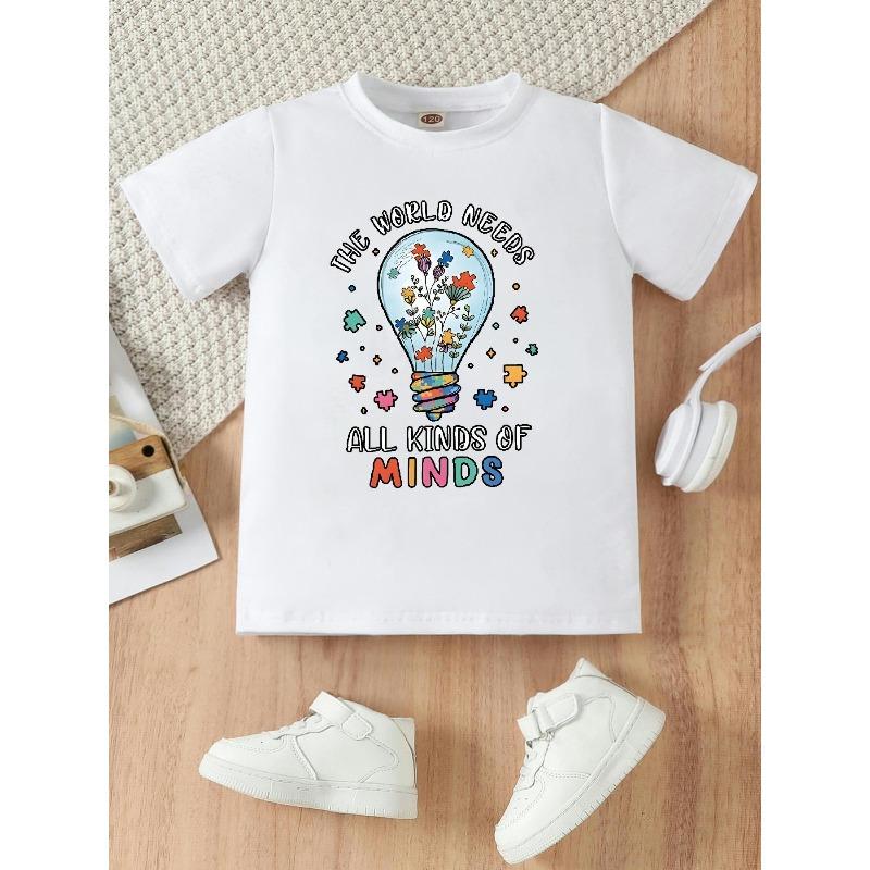 

European sizes A Vintage Graphic Print Featuring a Light Bulb with The Phrase THE WORLD NEEDS ALL KINDS OF MINDS on a Girls Crew Neck T-Shirt 164cm білий