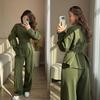 Women Two Piece Set Elegant Puff Sleeve Blouse High Waist Wide Leg Pants Casual Office Suit
