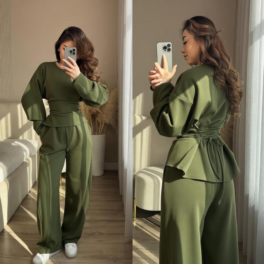 Women Two Piece Set Elegant Puff Sleeve Blouse High Waist Wide Leg Pants Casual Office Suit